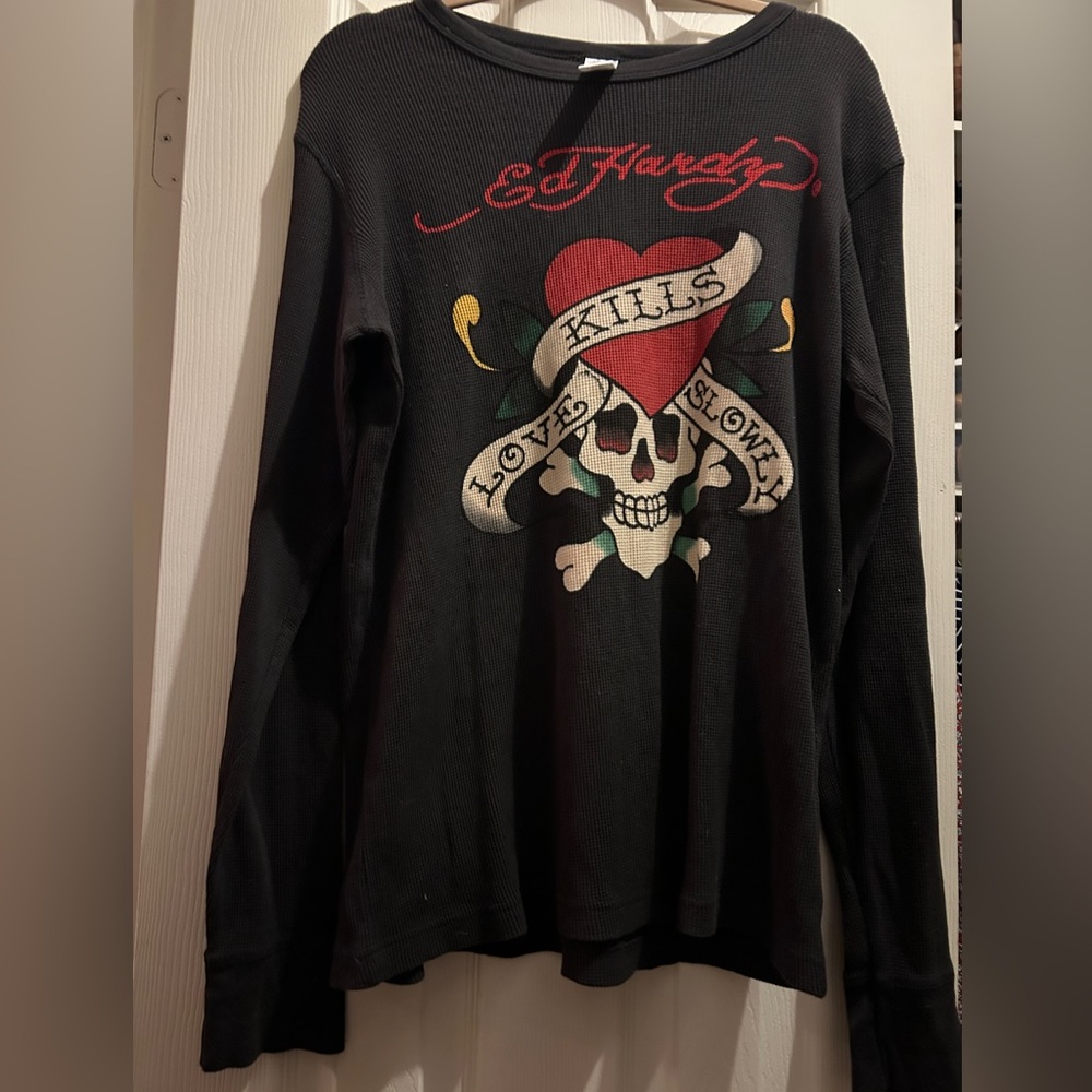 Vintage Ed Hardy Charcoal Black Waffle Long-Sleeve Shirt